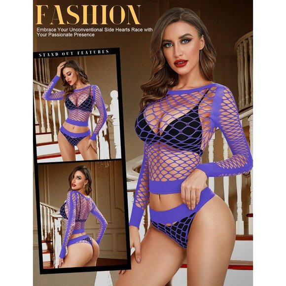 🆕Women Purple Mesh Fishnet Babydoll Bodysuit Lingerie Long Sleeve See Through - Picture 4 of 5